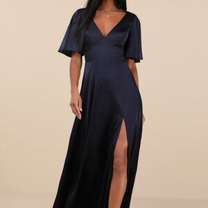Lulus Elegant Confidence Navy Satin Flutter Sleeve Cutout Maxi Dress Blue